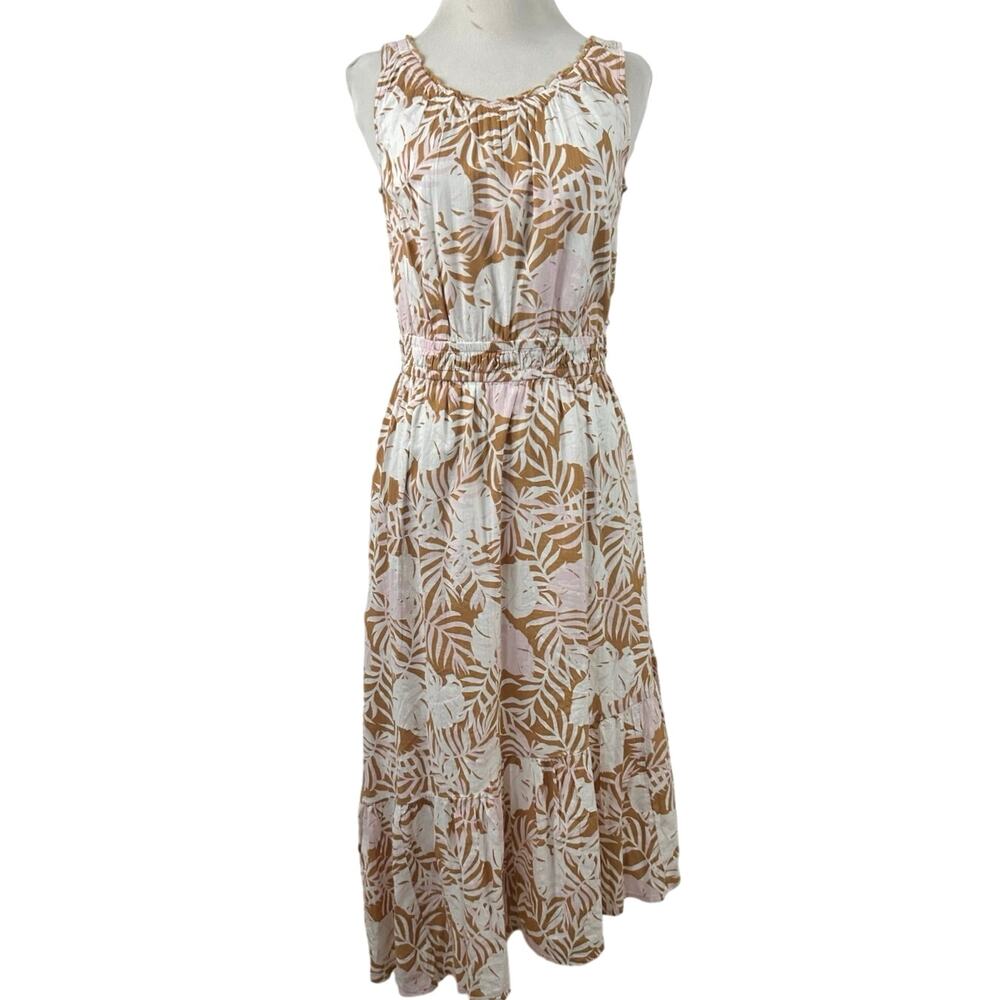 SO Sleeveless Tropical Leaf Midi Dress XL Brown White Pink Cotton Viscose Boho